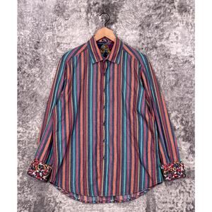 Robert Graham Dress Shirt Large Mens Colorful Stripe Flip Embroider Cuff Button